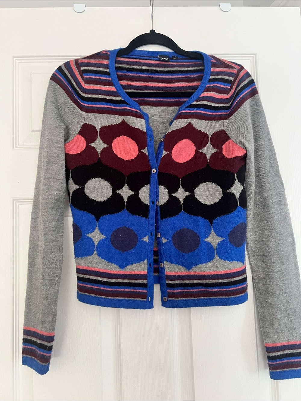 Simons Twik Multicolor Geometric Cardigan - Blue, Gray, Pink